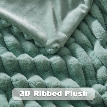 NEWCOSPLAY Faux Fur Throw Blanket New Sage Green 3D Ribbed Plush Thick Warm Blanket for Couch Sofa