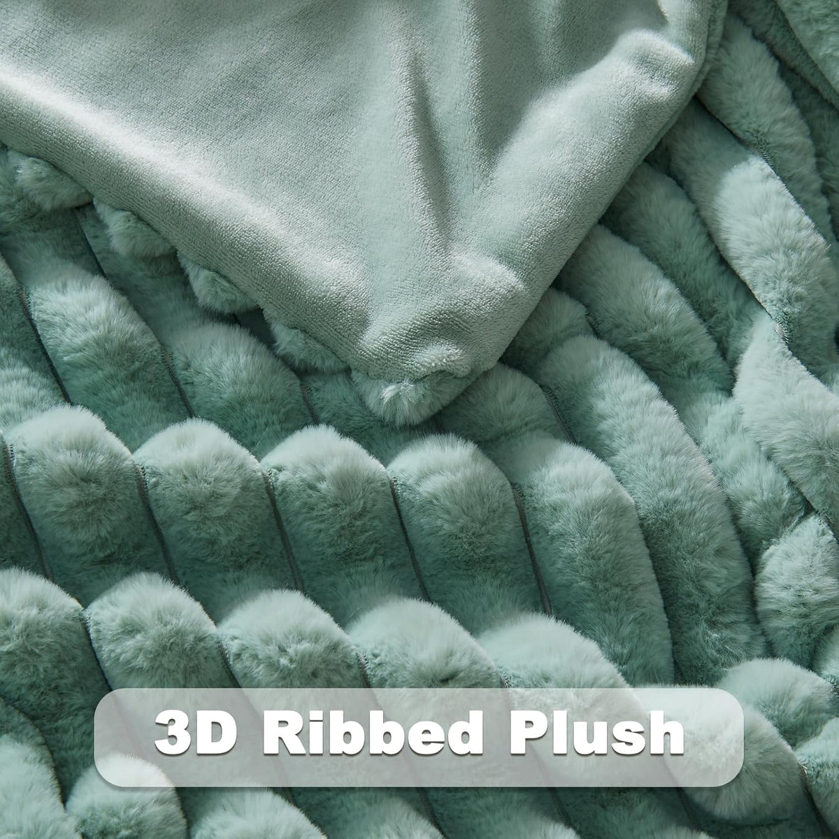 NEWCOSPLAY Faux Fur Twin Blanket New Sage Green 3D Ribbed Plush Thick Warm Blanket for Couch Sofa