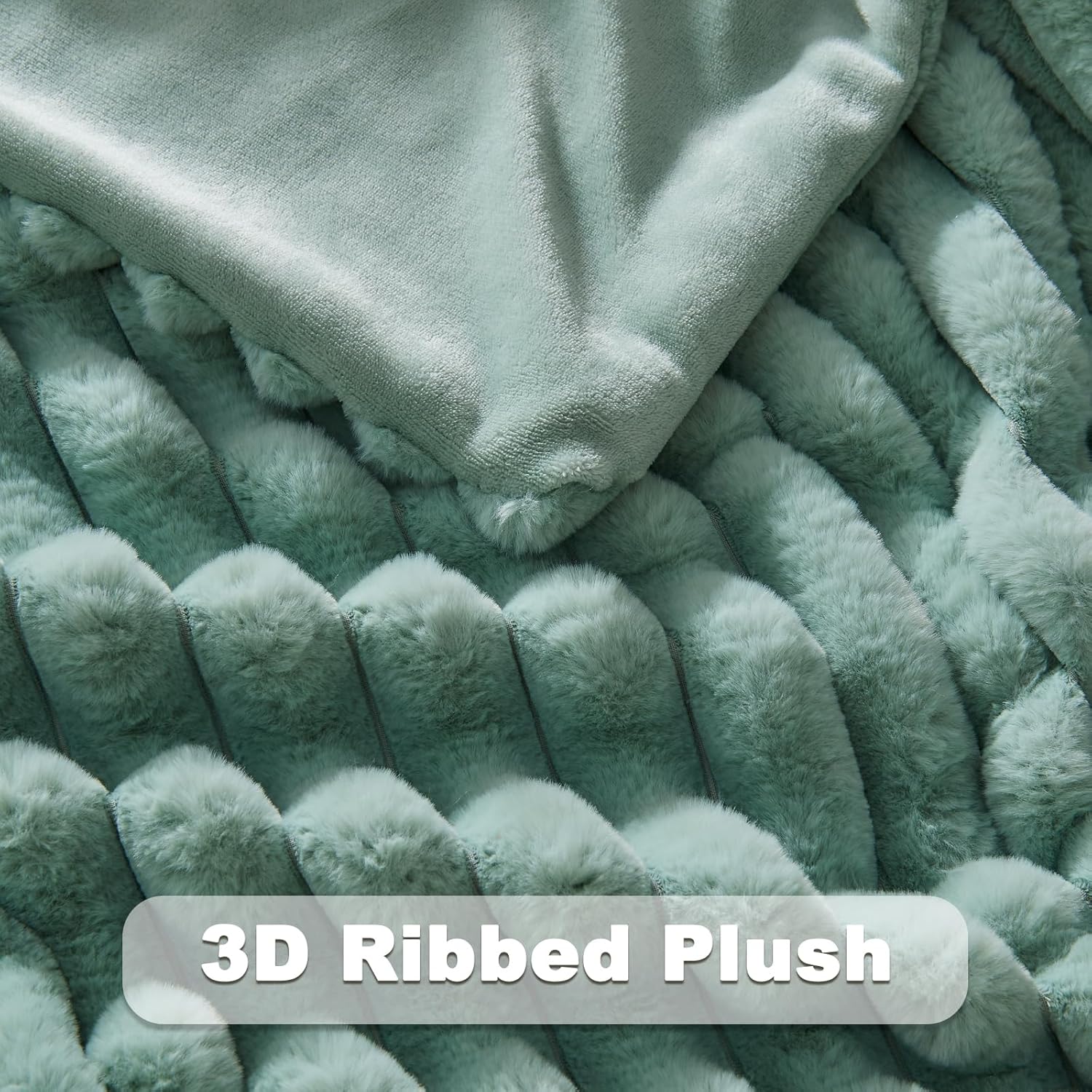 NEWCOSPLAY Faux Fur Twin Blanket New Sage Green 3D Ribbed Plush Thick Warm Blanket for Couch Sofa