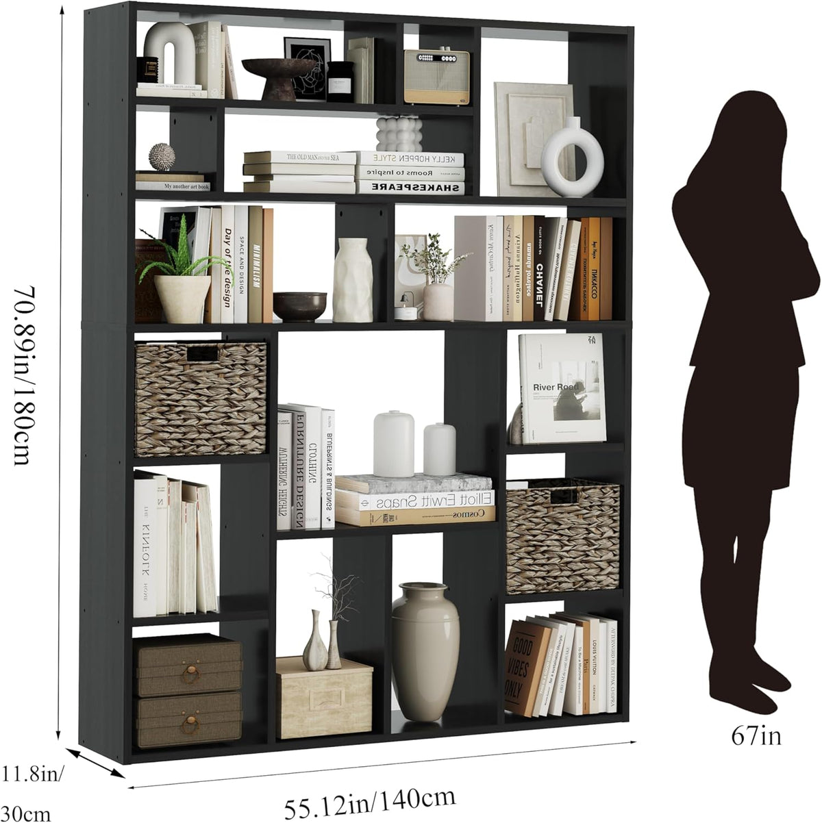BLANKSPACE 71" H Large Bookcase with 6 Open Shelves & 2 Baskets - Heavy Duty Storage Shelf for Home