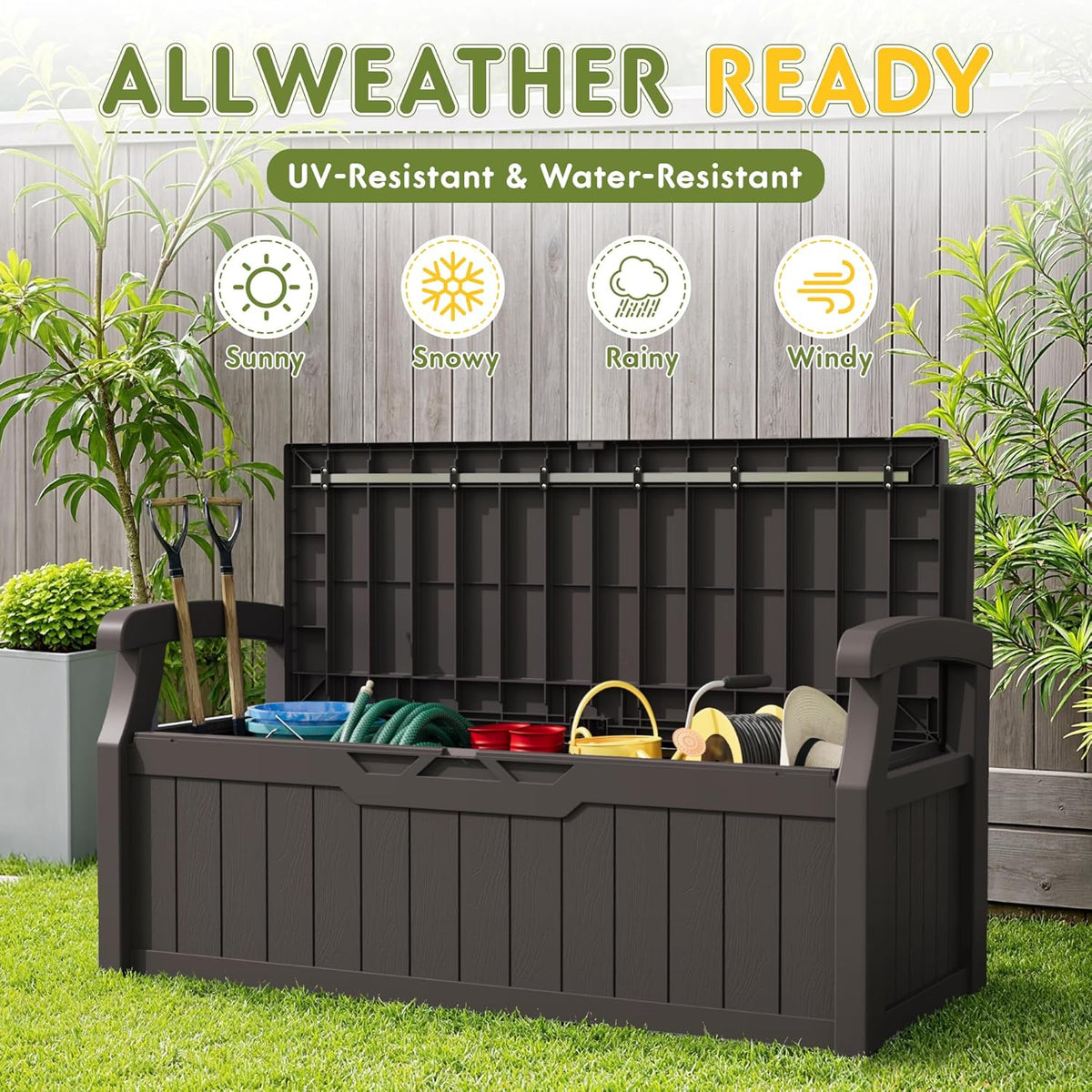 Greesum 80 Gallon Storage Bench Outdoor Deck Box with Armrest, Patio Furniture,Lockable, Waterproof