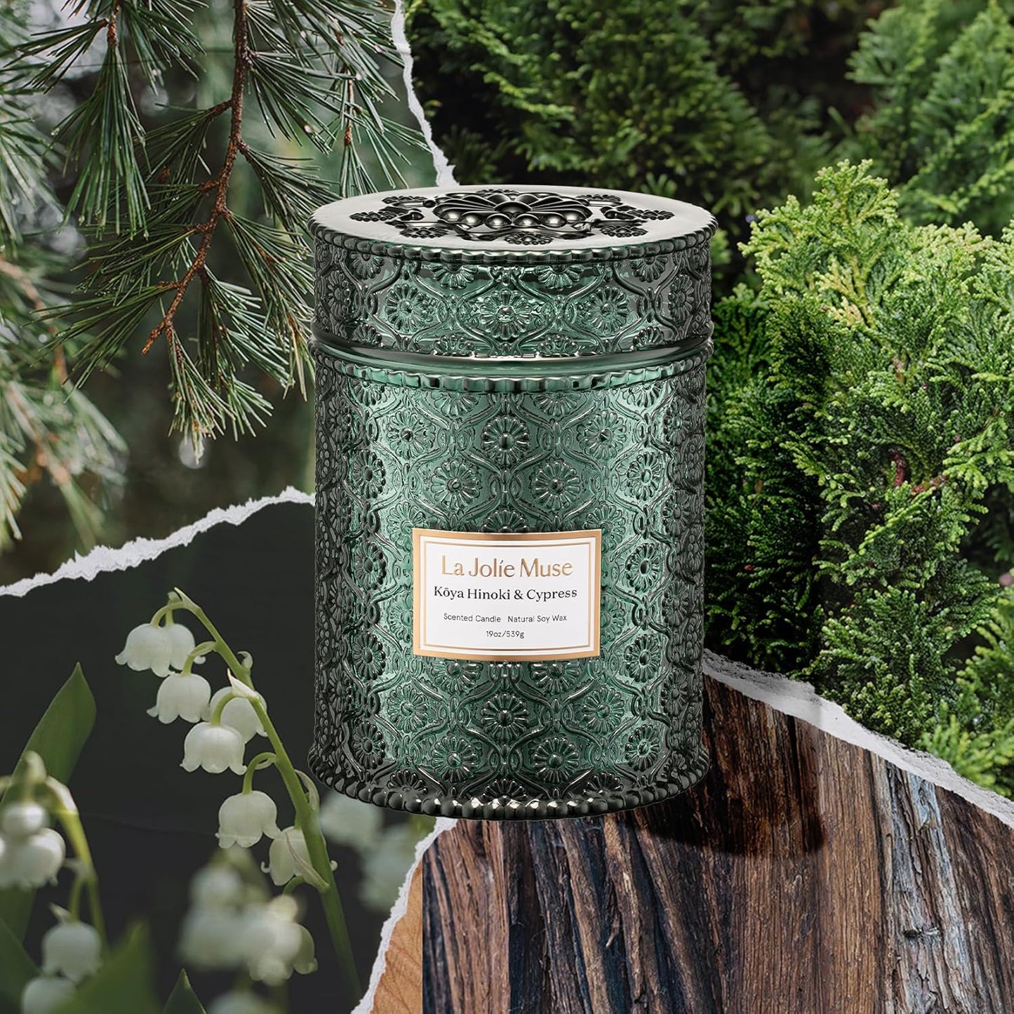 LA JOLIE MUSE Kōya Hinoki & Cypress Scented Candle – Pine, Leather & Hinoki | 19 oz Festive