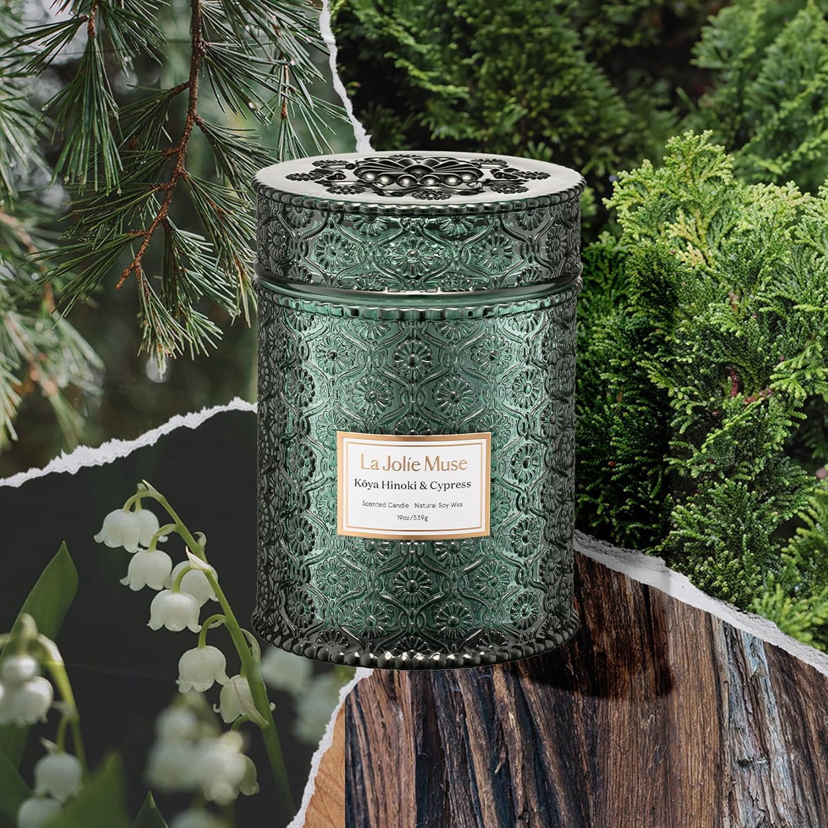 LA JOLIE MUSE Kōya Hinoki & Cypress Scented Candle – Pine, Leather & Hinoki | 19 oz Festive