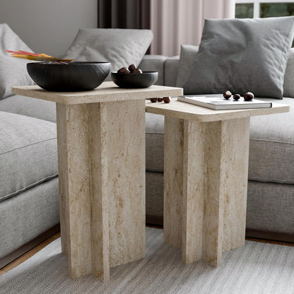 Travertine Efect Square Nesting Table Set of 2 Modern Coffee Table Small Side Table End Table for