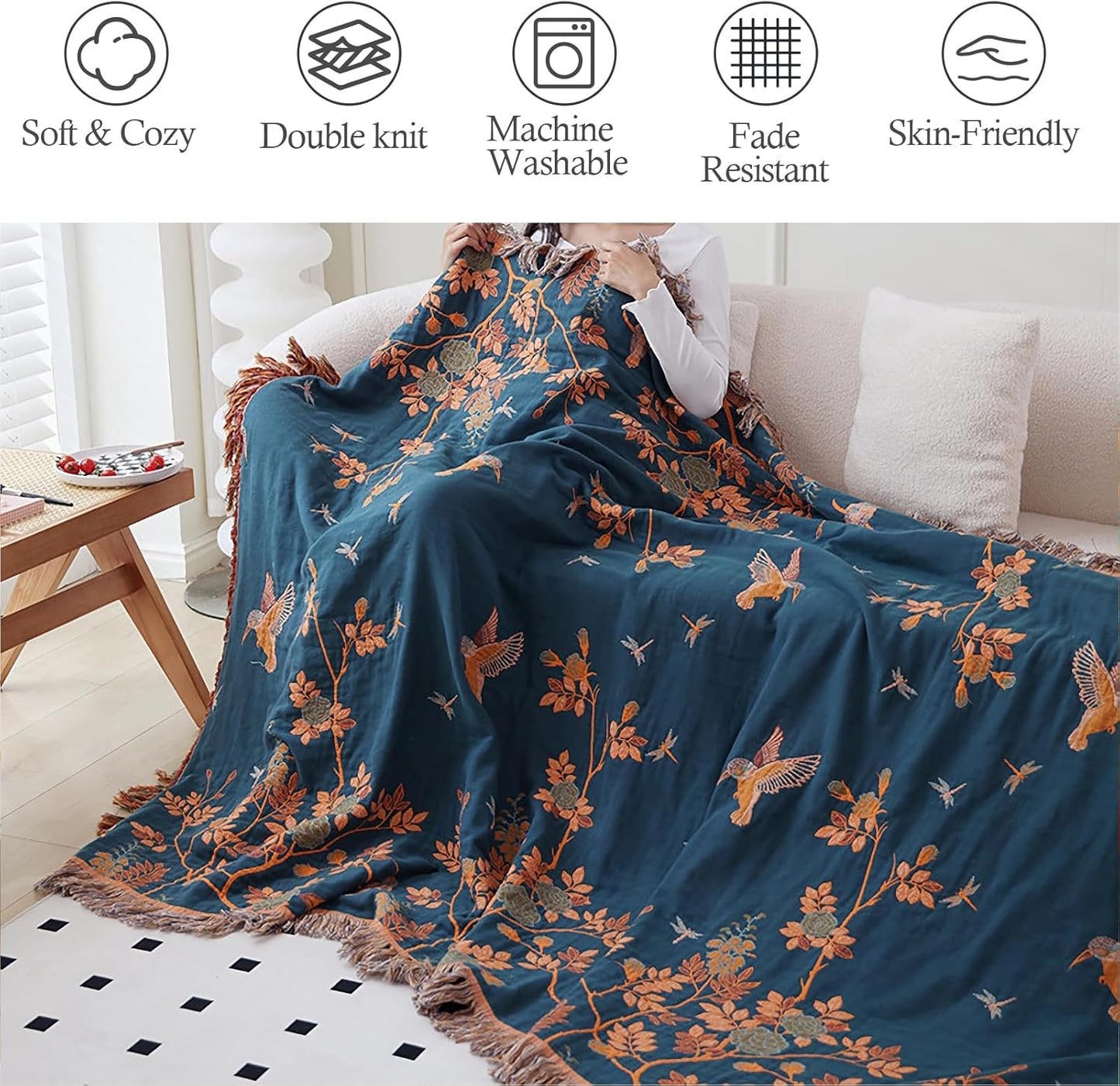 Snycler Boho Throw Blanket for Bed, 100% Organic Cotton Muslin Soft Throw-Floral Bird Farmhouse