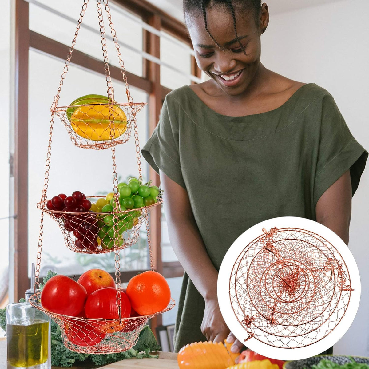 Yardwe 3 Tier Hanging Fruit Baskets Copper Wire Basket Fruit Vegetable Kitchen Storage Organizer