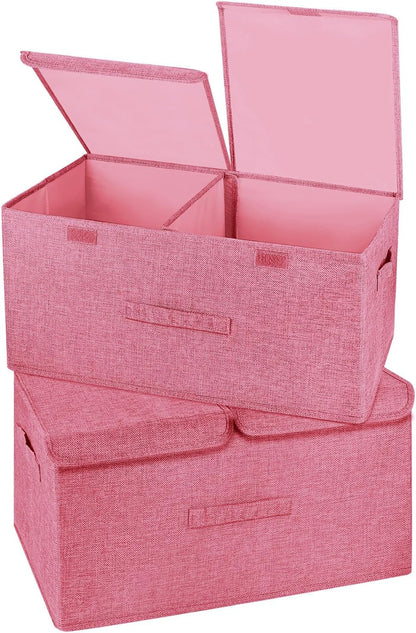 2 Pack Storage Boxes with Lids and Handles, Collapsible Linen Storage Bins Organizer Containers