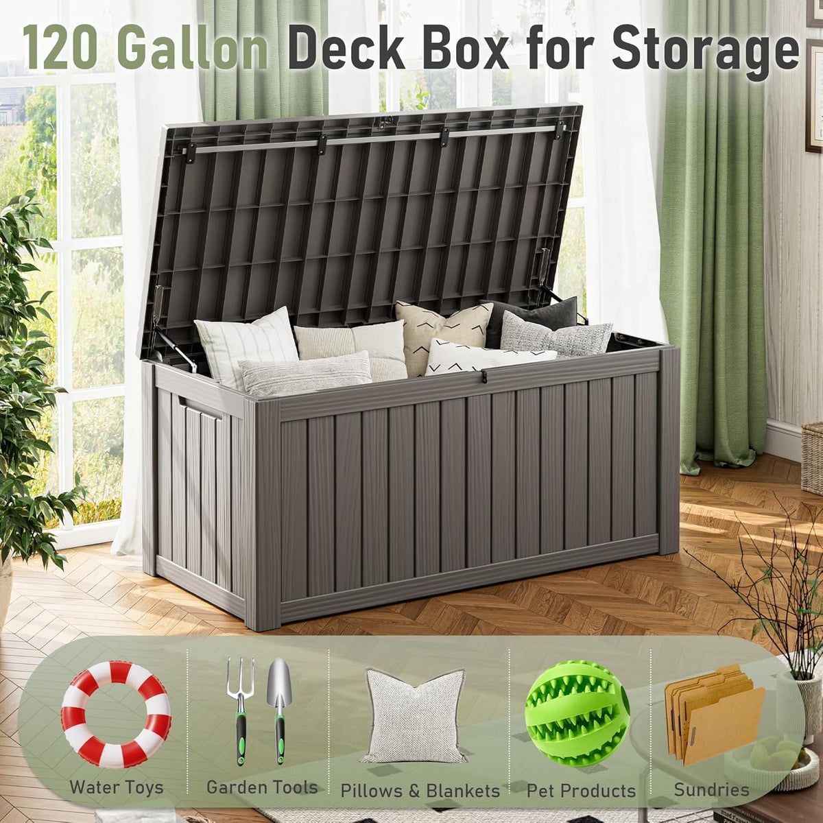 KAMABOKO Outdoor Storage Box, 120 Gallon Large Outdoor Resin Deck Box, Storage Waterproof Boxes