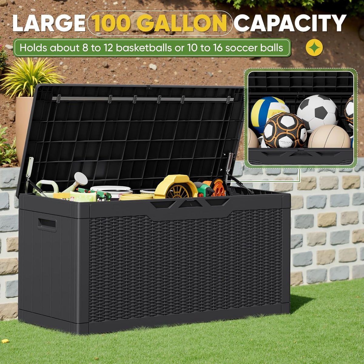 Greesum 100 Gallon Resin Deck Box Lockable Large Outdoor Storage Boxes for Garden Tools, Patio