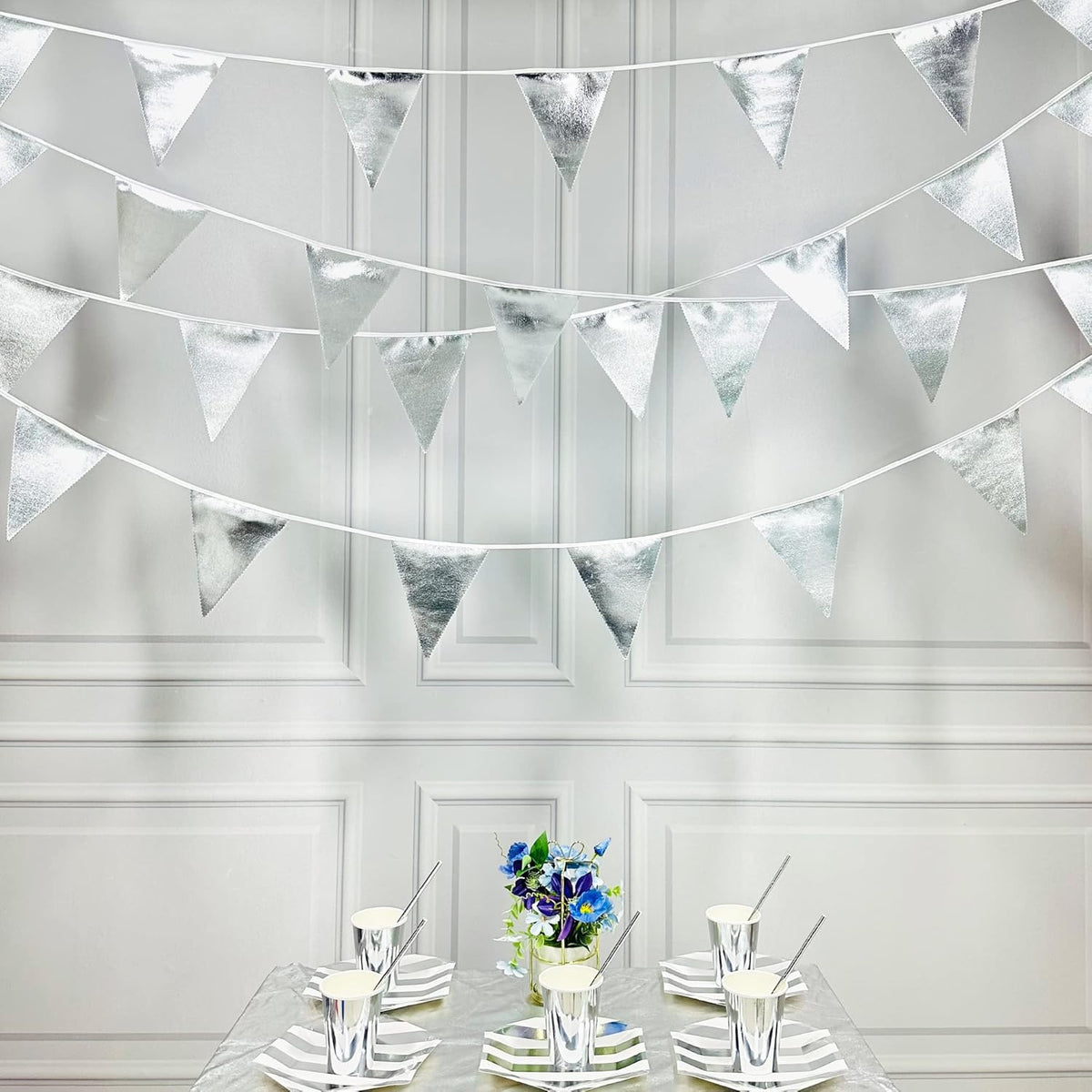 Silver Party Decorations Metallic Fabric Triangle Pennant Banner Silver Flag Bunting Garland for