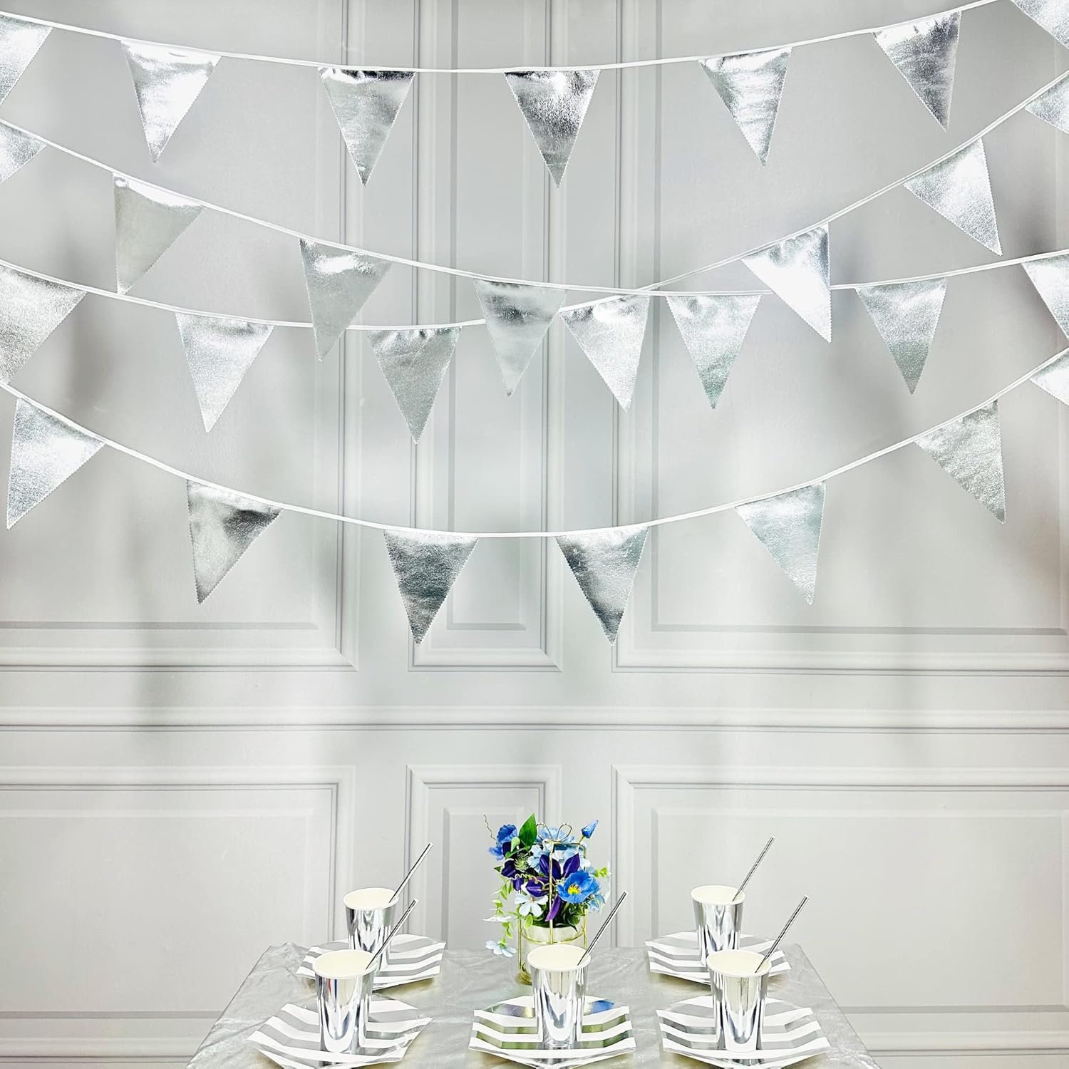 Silver Party Decorations Metallic Fabric Triangle Pennant Banner Silver Flag Bunting Garland for