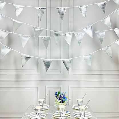 Silver Party Decorations Metallic Fabric Triangle Pennant Banner Silver Flag Bunting Garland for
