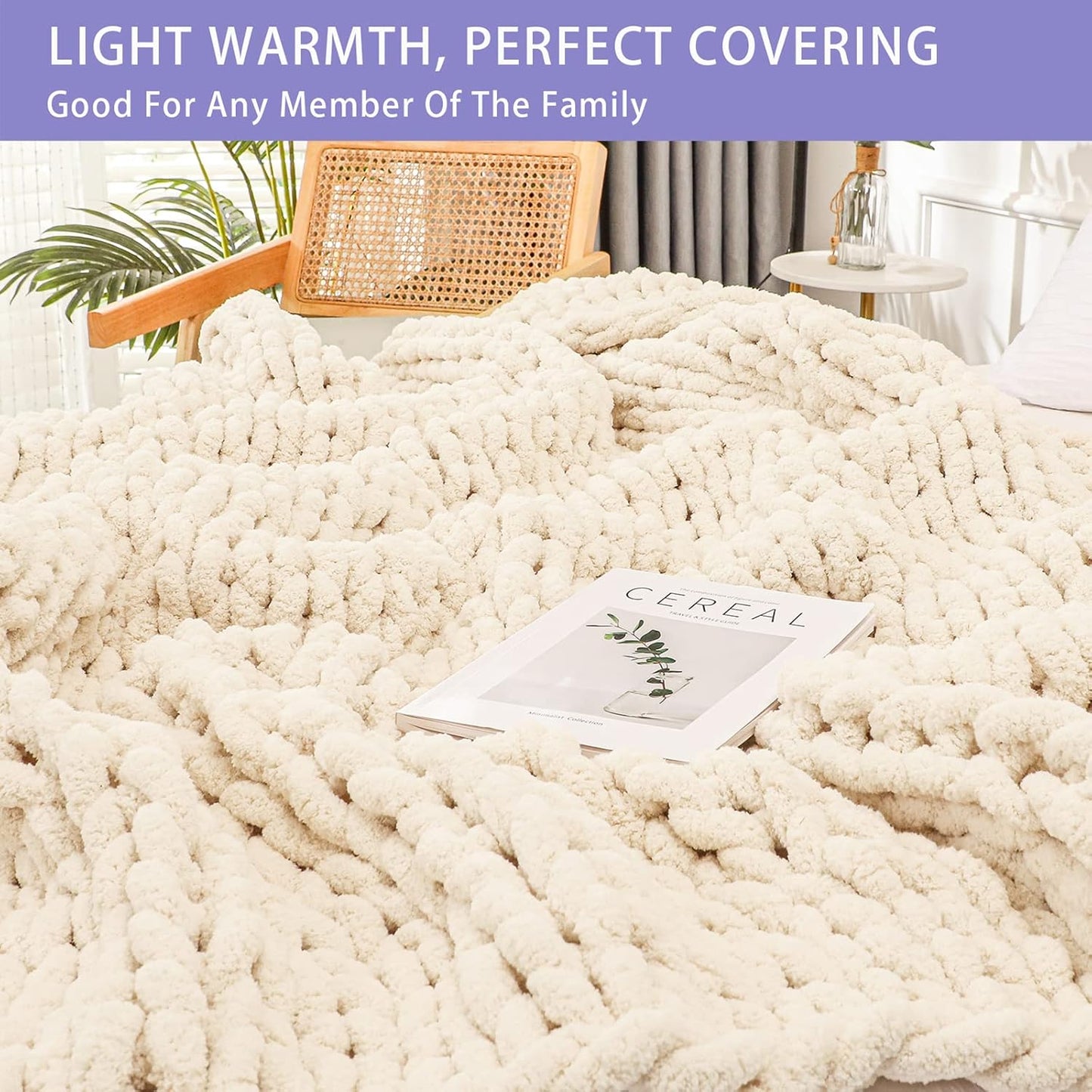 Bigacogo Chunky Knit Throw Blanket for Couch, 51x63 inches, 100% Hand Knitted with Thick Jumbo