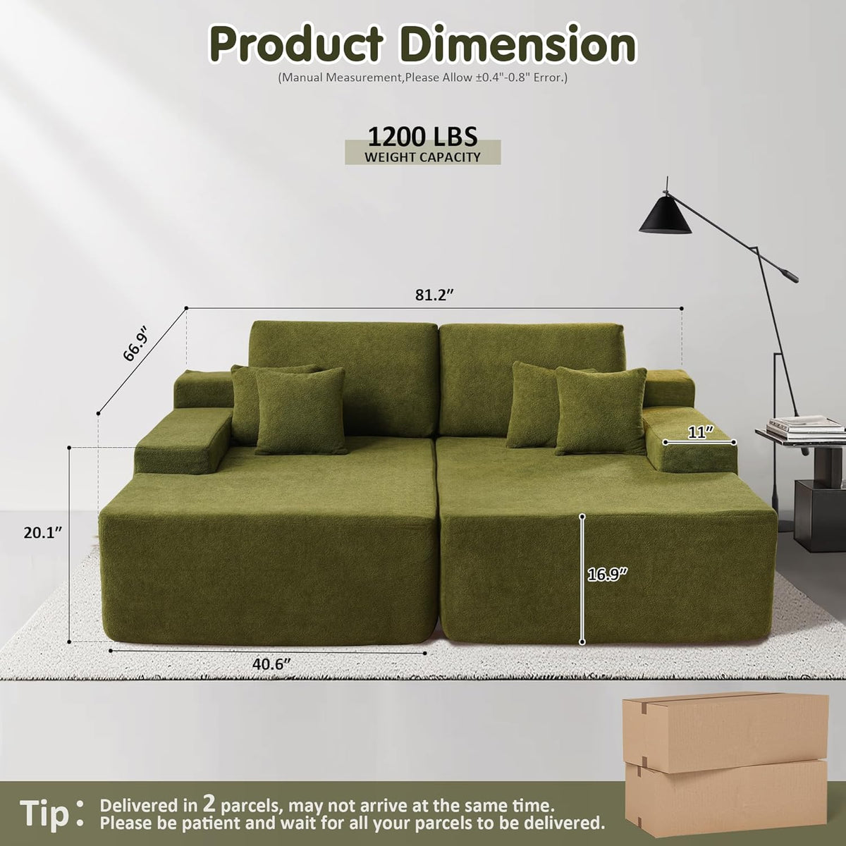 ovios 81" Oversized Sectional Double Lounge Chaise with Cloud Plush Sofa Bed, No Assembly Required