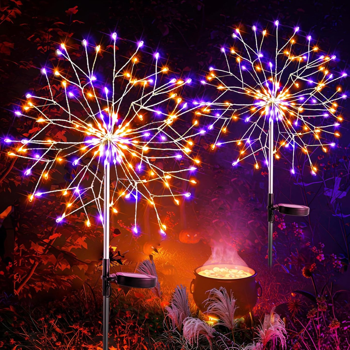 suddus Solar Halloween Lights Outdoor Solar Powered, Upgrade 2-Pack Orange & Purple Solar Firework