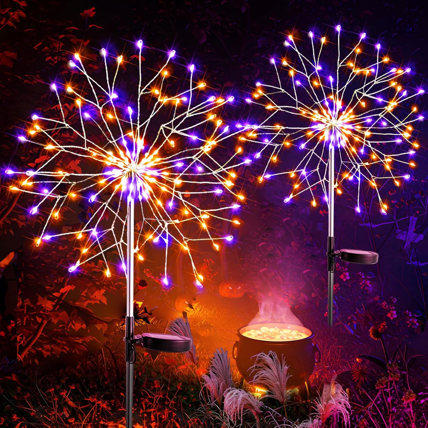 suddus Solar Halloween Lights Outdoor Solar Powered, Upgrade 2-Pack Orange & Purple Solar Firework