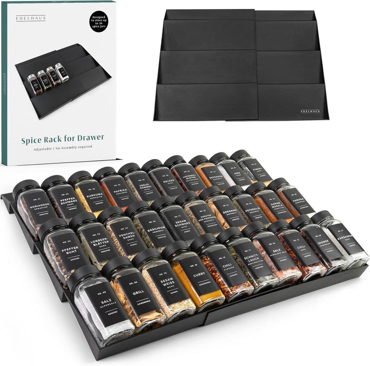 Spice Drawer Organizer - Expandable Spice Rack for Drawer, Black Seasoning Organizer for Drawer