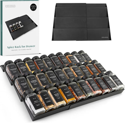 Spice Drawer Organizer - Expandable Spice Rack for Drawer, Black Seasoning Organizer for Drawer