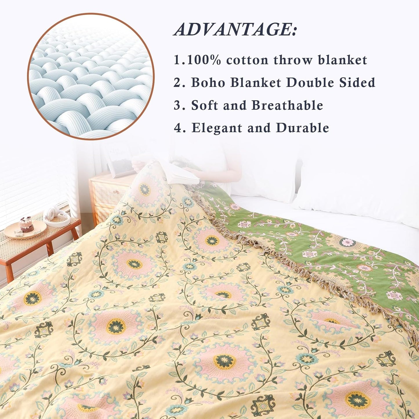 Snycler Boho Throw Blanket 60"x80" - 100% Cotton Ultra Soft Rustic Quilt, Green Floral Printed