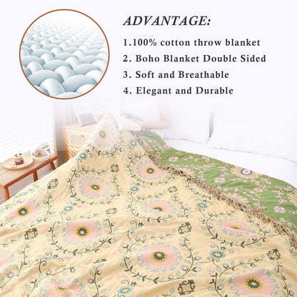 Snycler Boho Throw Blanket 60"x80" - 100% Cotton Ultra Soft Rustic Quilt, Green Floral Printed