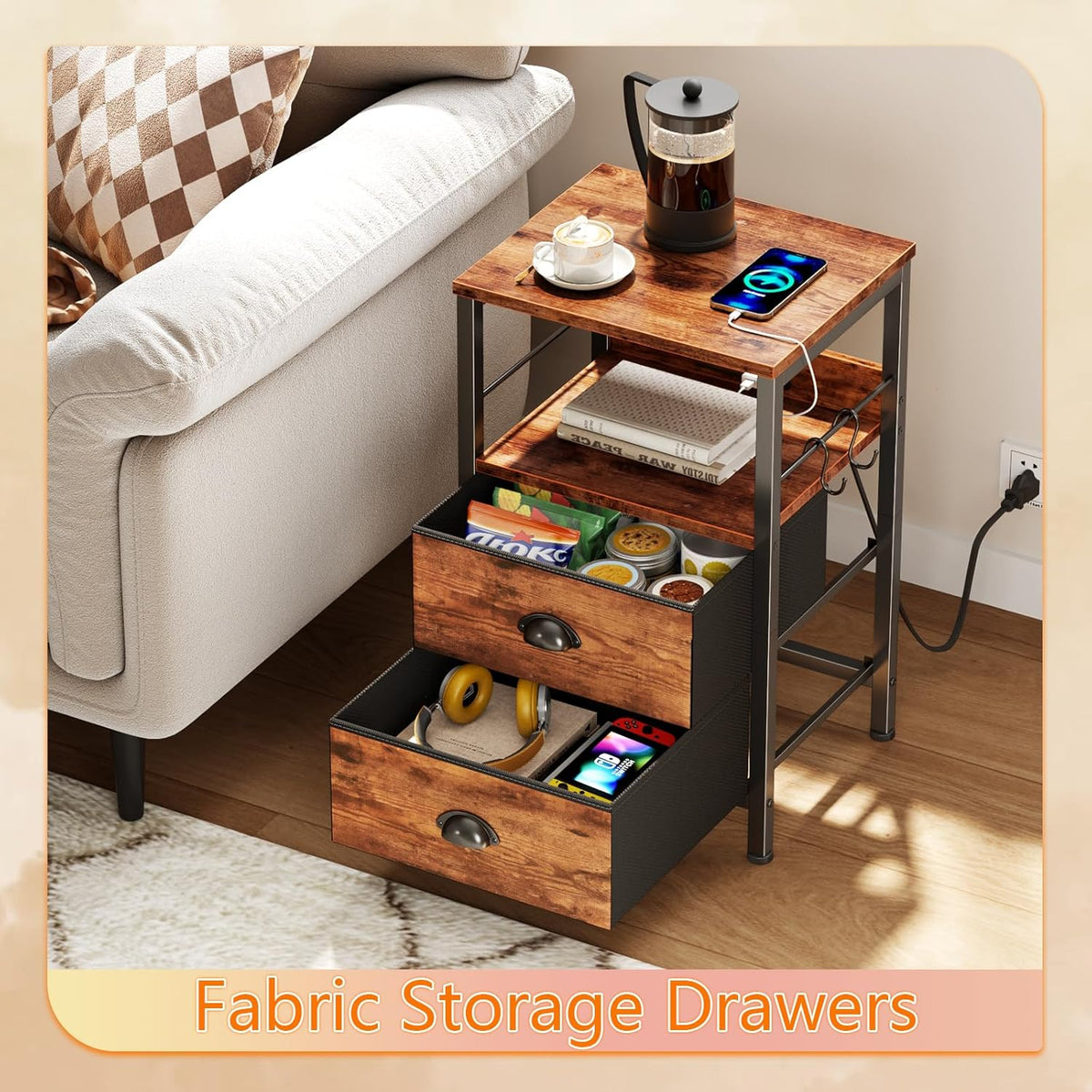 Furologee End Table with Charging Station, Nightstand with Fabric Drawers, Side Table with USB