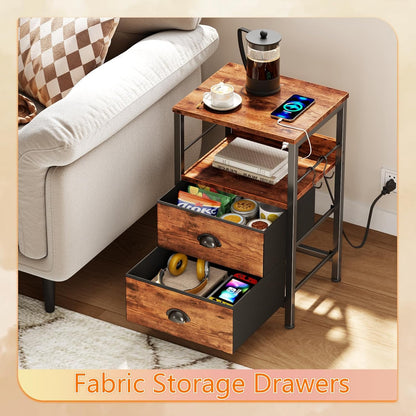 Furologee End Table with Charging Station, Nightstand with Fabric Drawers, Side Table with USB