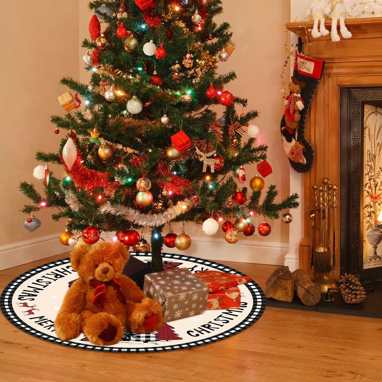 Christmas Tree Skirt 48 Inches Black White Buffalo Plaid Xmas Tree Skirt with Snowflake Merry