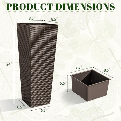 JUMMICO Set of 2 Resin Rattan Tall Planters for Outdoor Plants, Large Tapered Planters with