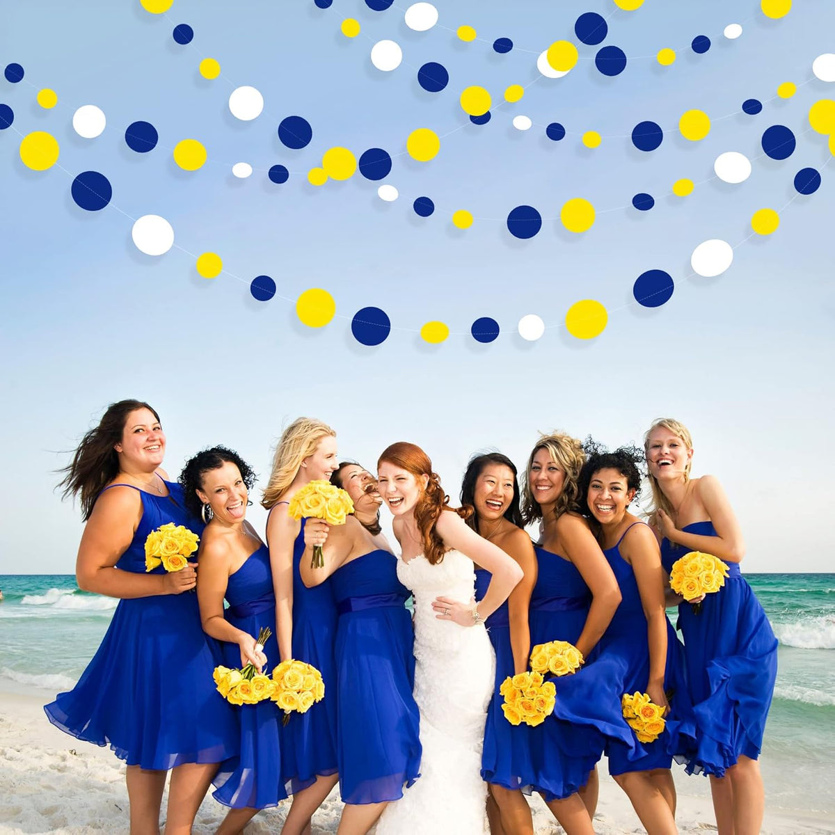 46Ft Navy Blue and Yellow Circle Dots Garland Royal Blue Yellow White Hanging Paper Polka Dot
