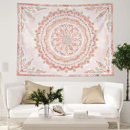 Fowocu Boho Floral Mandala Tapestry Wall Hanging Pink Bohemian Flower Medallion Tapestry Aesthetic