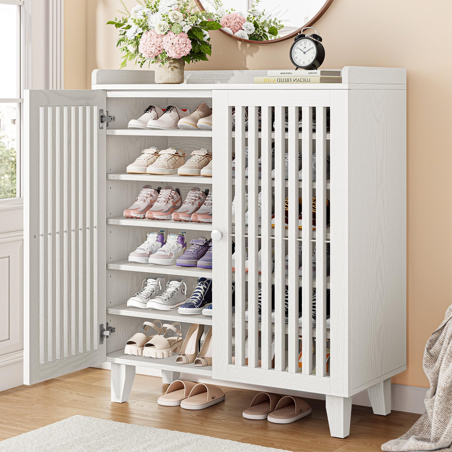 IRONCK Shoe Cabinet with Slatted Doors, 6-Tier Shoe Storage Cabinet, White