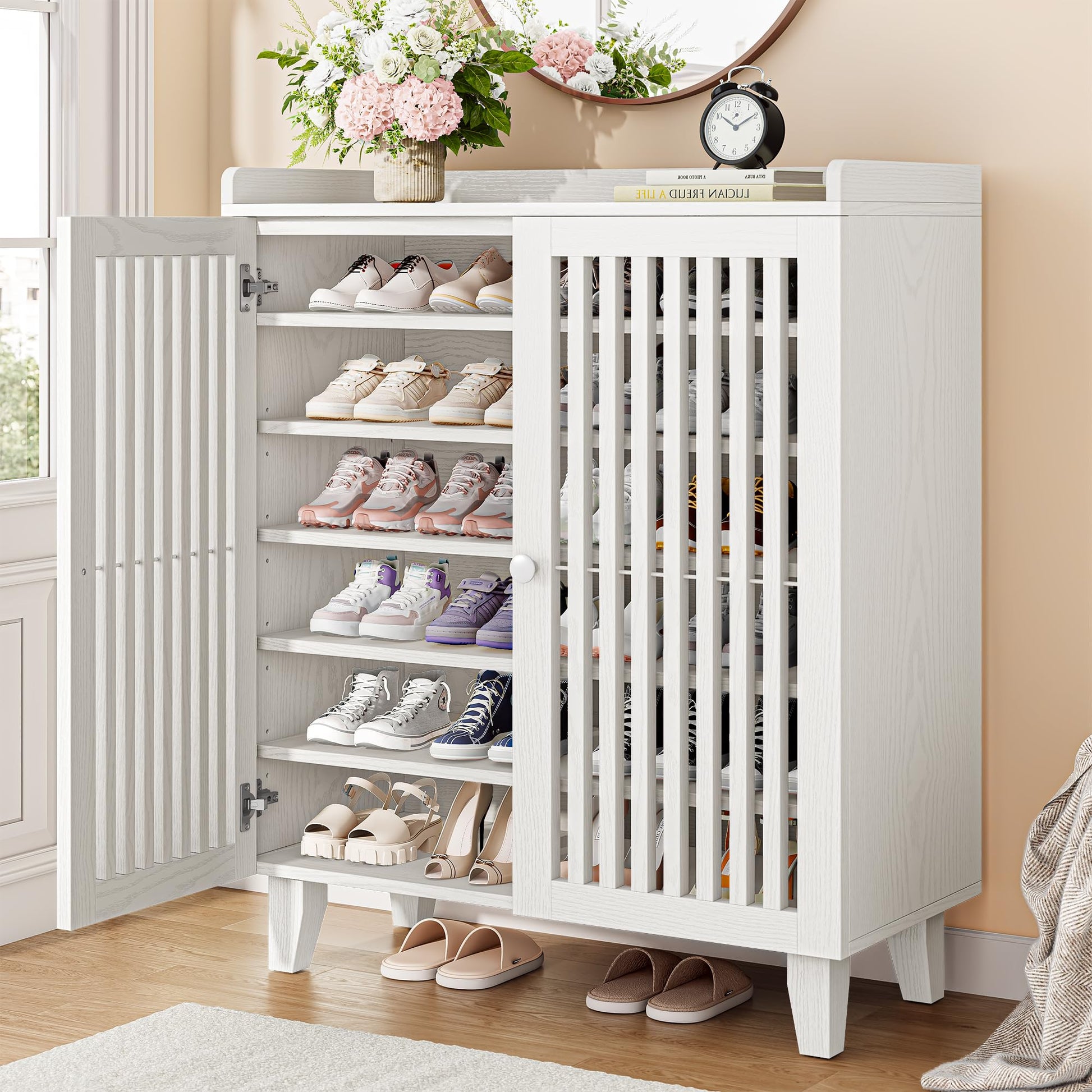 IRONCK Shoe Cabinet with Slatted Doors, 6-Tier Shoe Storage Cabinet, White