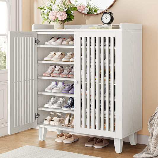 IRONCK Shoe Cabinet with Slatted Doors, 6-Tier Shoe Storage Cabinet, White