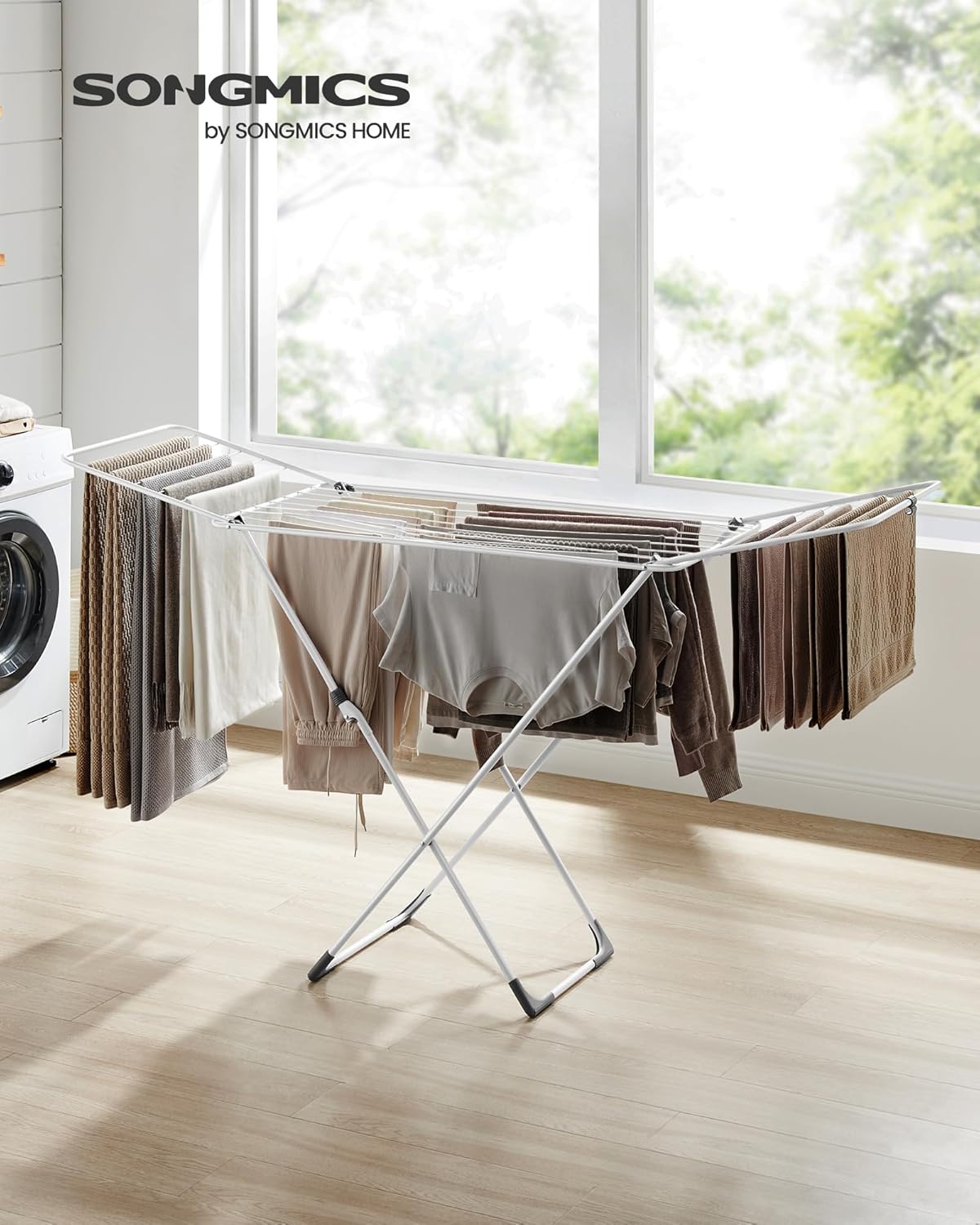 SONGMICS Clothes Drying Rack, Metal Laundry Drying Rack, Foldable, Space-Saving, Free-Standing