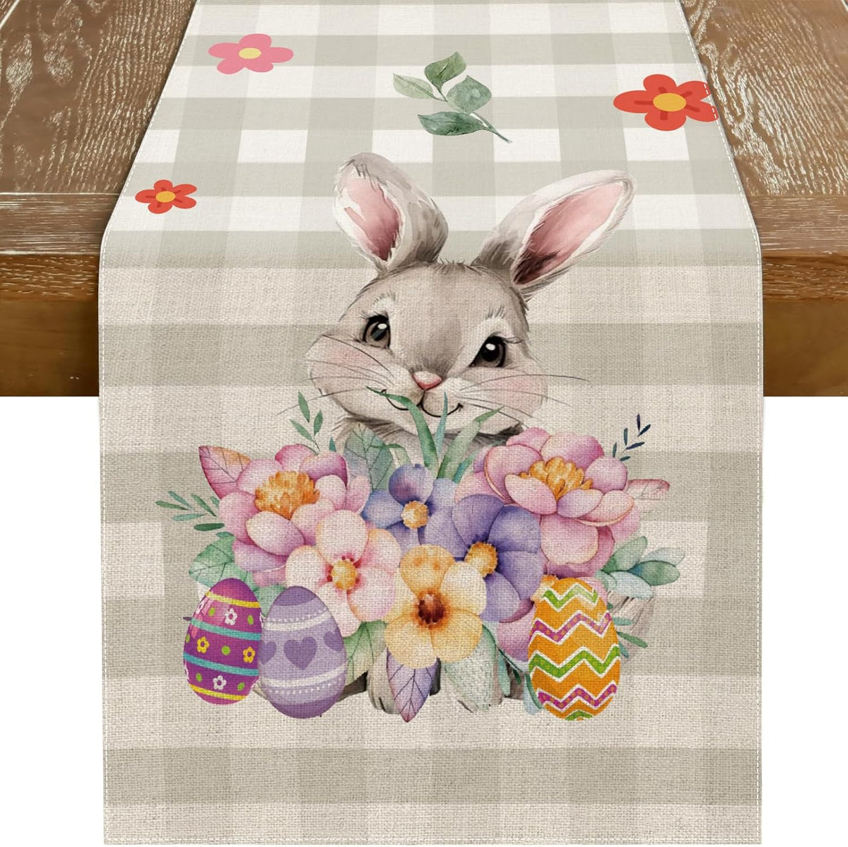 Easter Table Runner 13x72 Inch Bunny Rabbit Flowers Leaves Buffalo Plaid Eggs Seasonal Holiday