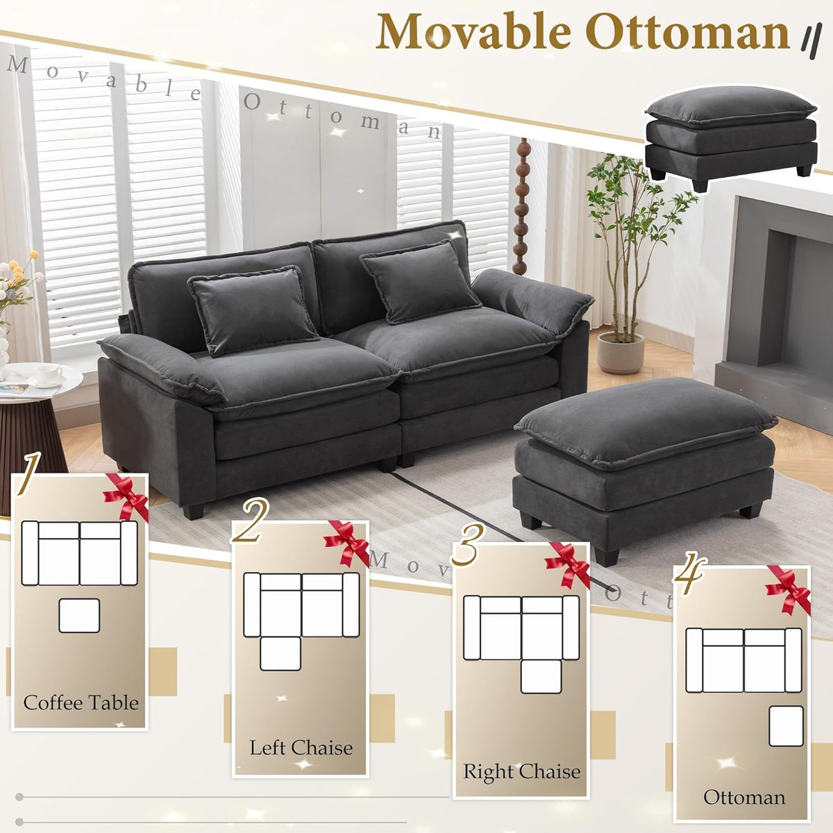 URRED Modular Sectional Sofa Comfy Cloud Couch, Modern Velvet Sofa Sleeper Deep Seat Couches with