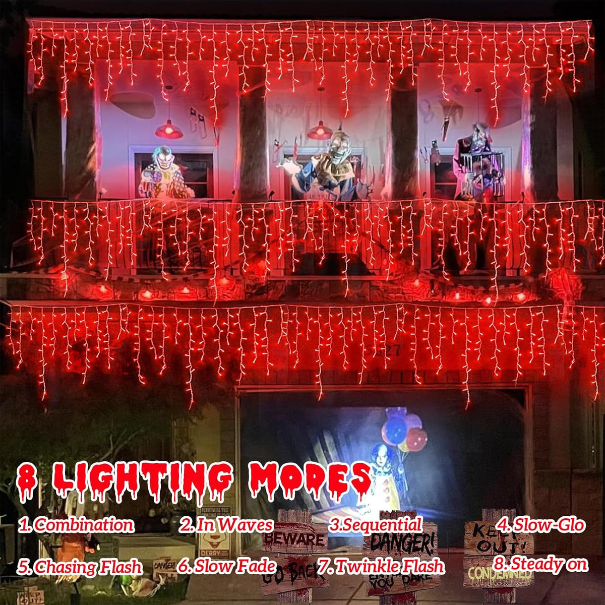 YEGUO Icicle Lights for Outside, 66ft 800LED Red Halloween Lights with 8 Modes, Connectable Icicle