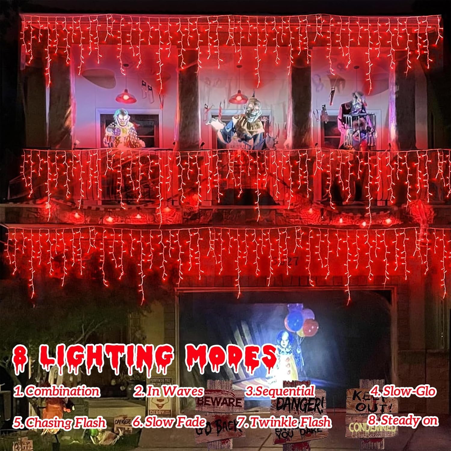 YEGUO Icicle Lights for Outside, 66ft 800LED Red Halloween Lights with 8 Modes, Connectable Icicle