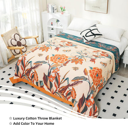 Boho Throw Blanket, 100% Organic Cotton Breathable Soft Lightweight All Season Rustic Bed Throw