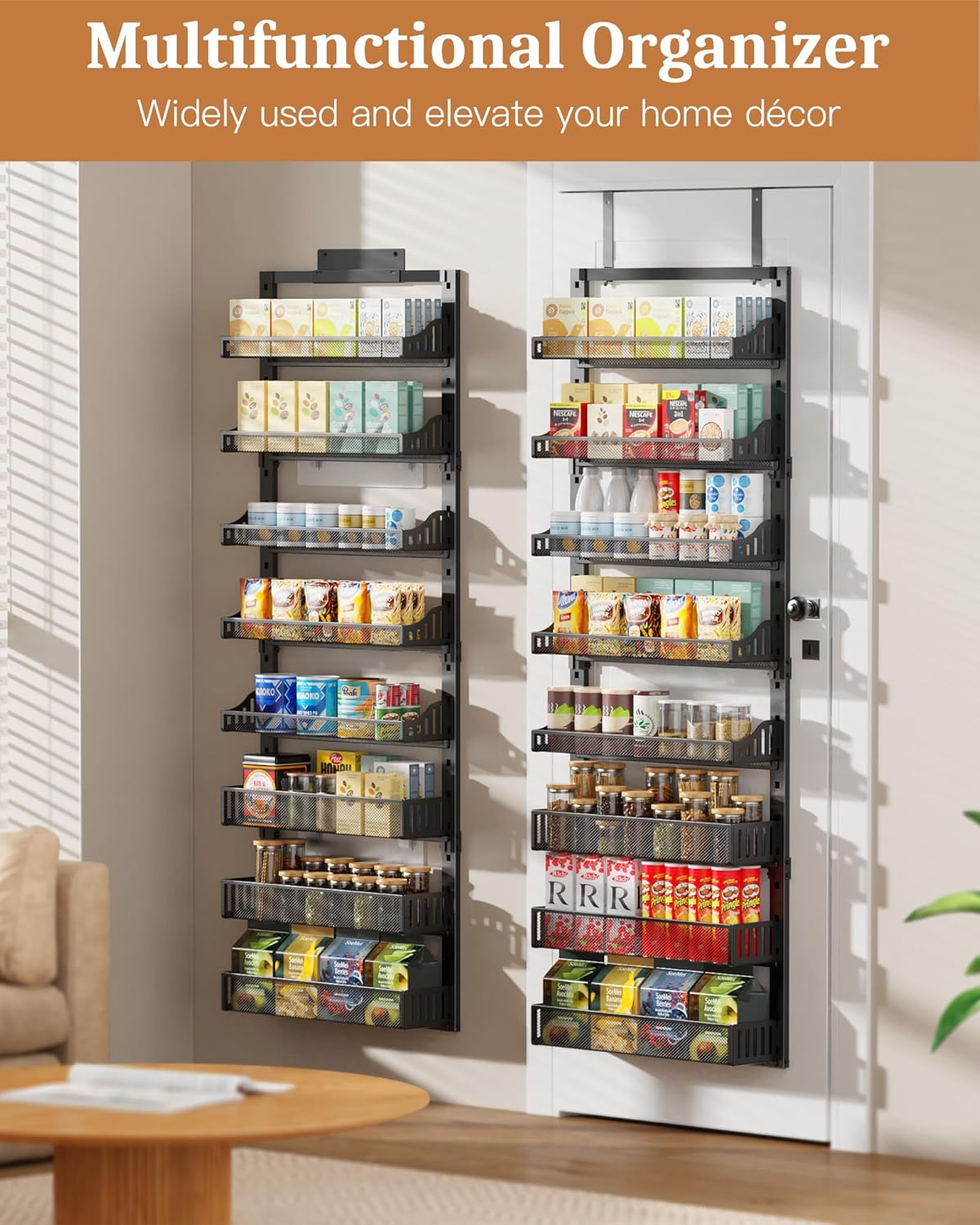 8-Tier Over the Door Pantry Organizer, Large Metal Door Spice Rack with Adjustable Basket, 2 in 1