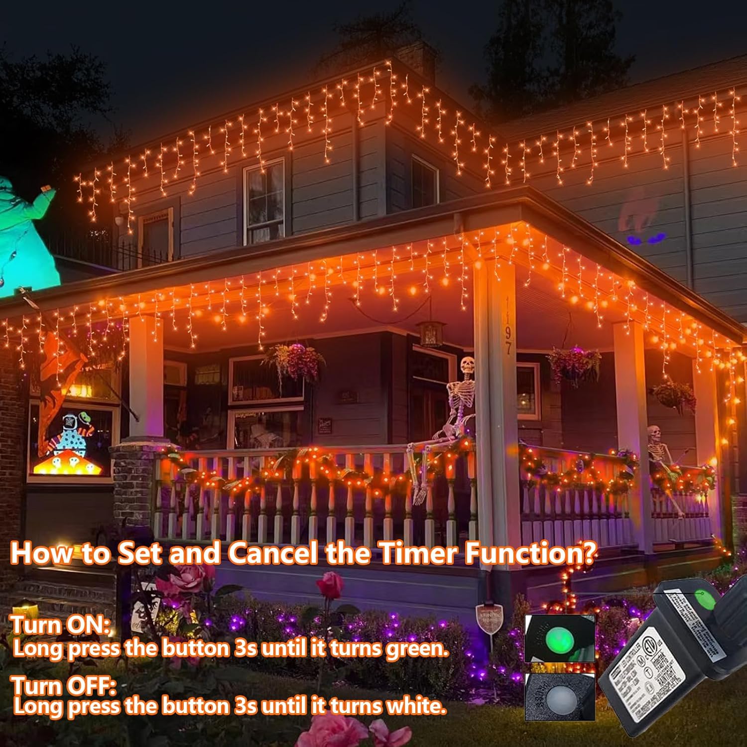 YEGUO 66ft 800 LED Orange Halloween Lights, Connetable Icicle Light Outdoor Waterproof, 8 Modes