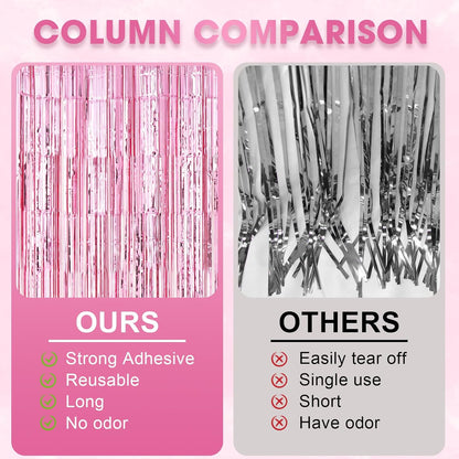 3 Pack 3.3 x 8.2 ft Light Pink Foil Fringe Backdrop Curtains, Tinsel Streamers Birthday Party