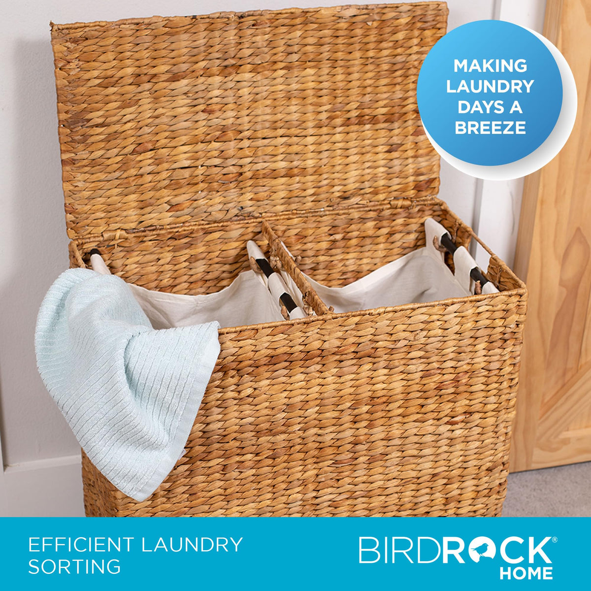 BirdRock Home Water Hyacinth Laundry Hamper Divided Interior (Natural) | Eco Friendly | Made of