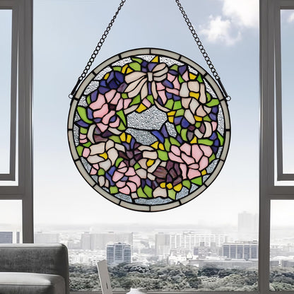 Handcrafted Stained Glass Window Panel - 12-Inch Round Floral Design with Vibrant Colors, Elegant