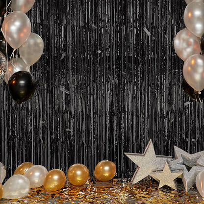 3 Pack Foil Fringe Backdrop - Black Shiny Tinsel Curtains for Party Decoration/Photo Booth Props