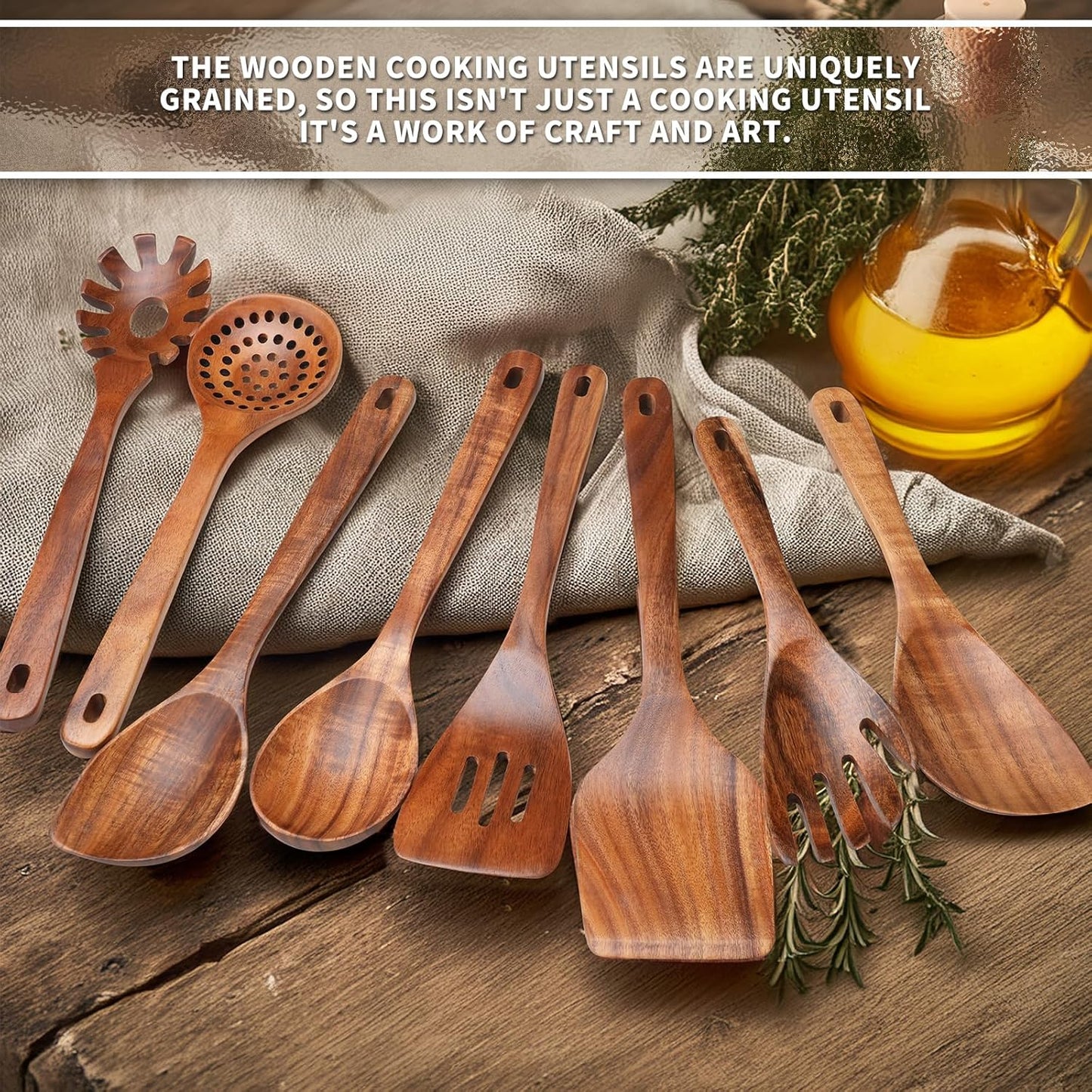 9 PCS Kitchen Utensils Set - Wooden Spoons for Cooking, Natural Teak Wooden Utensils - Includes