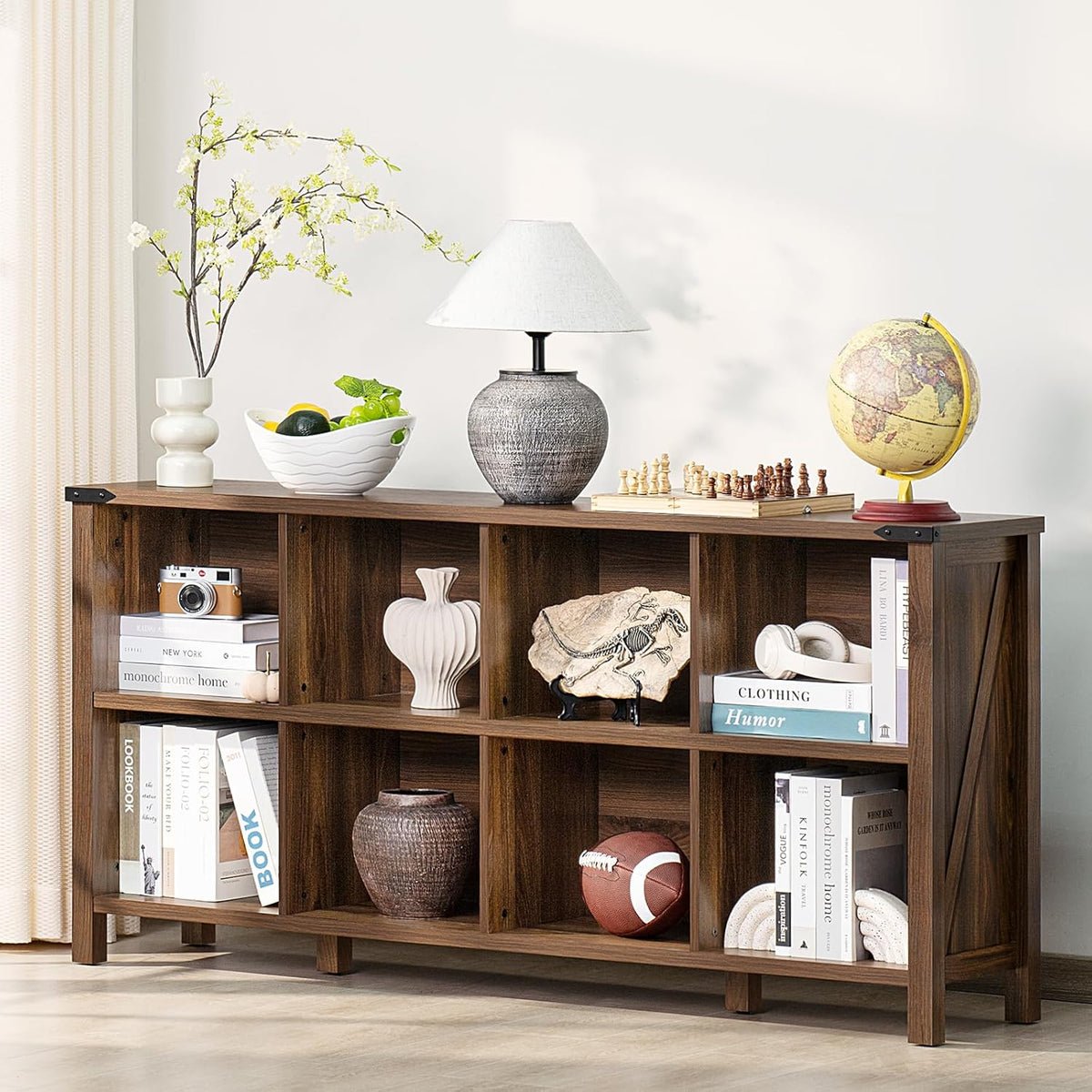 8 Cube Book Shelf, Farmhouse Wood Long Storage Organizer Bookcase, 62" Horizontal Brown Walnut