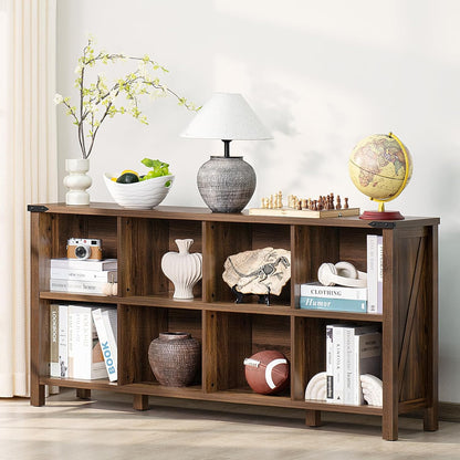 8 Cube Book Shelf, Farmhouse Wood Long Storage Organizer Bookcase, 62" Horizontal Brown Walnut