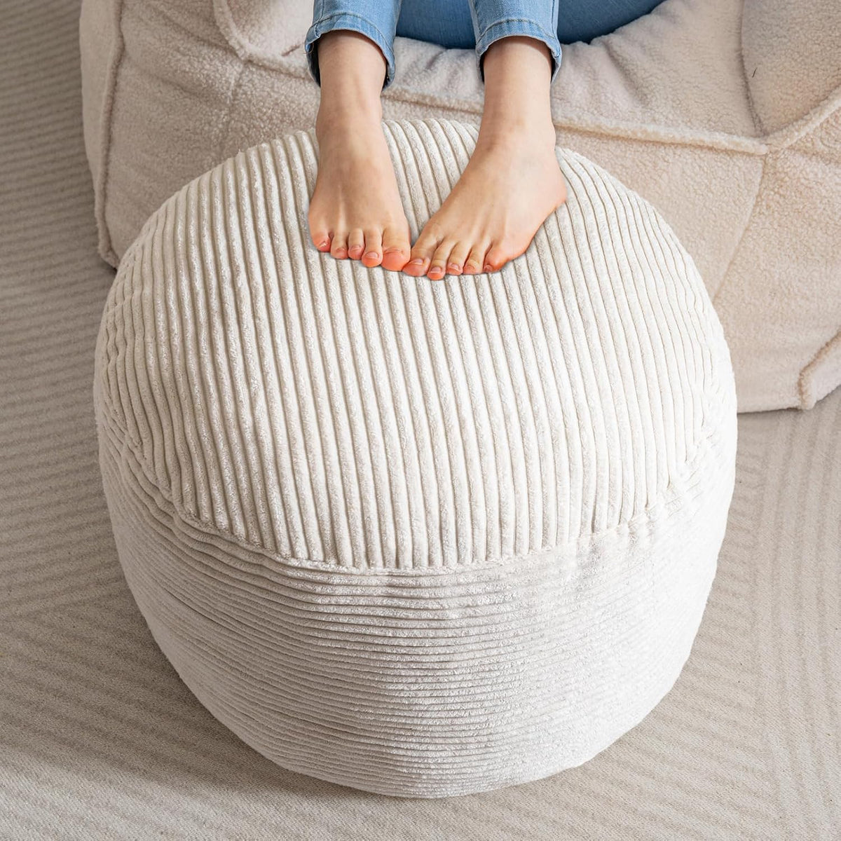HIGOGOGO Round Stuffed Pouf Ottoman, Corduroy Poufs with Foam Chunk Filling, Furry and Fluffy Pouf