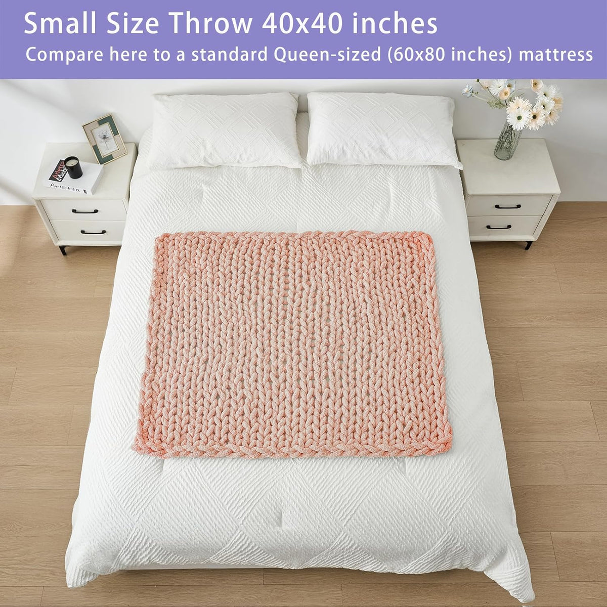 Bigacogo Chunky Knit Throw Blanket for Couch, 40x40 inches, 100% Hand Knitted with Thick Jumbo